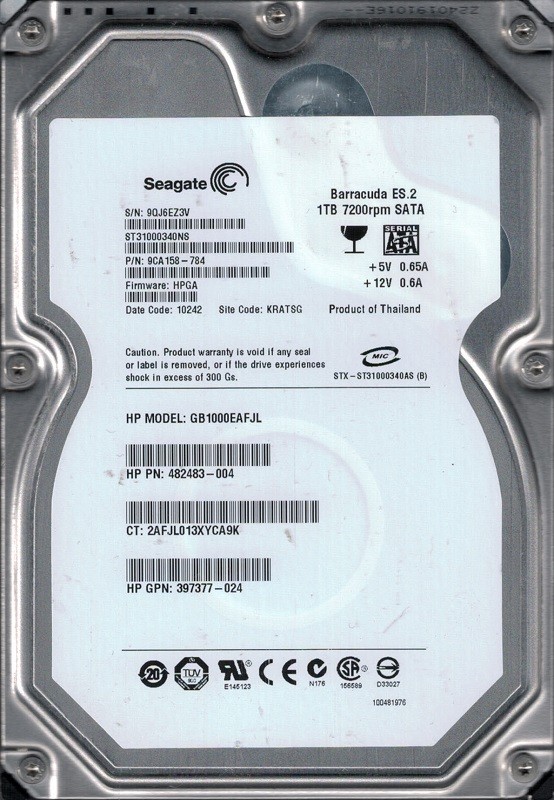 Seagate ST31000340NS P/N: 9CA158-784 F/W: HPGA 1TB KRATSG 9QJ
