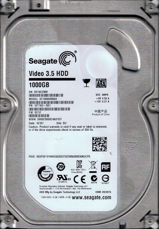 Seagate ST1000VM002 P/N: 1ET162-501 F/W: SC12 1TB SU S51
