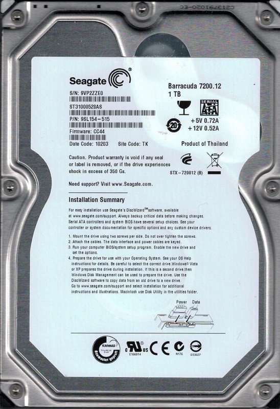 Seagate ST31000528AS P/N: 9SL154-515 F/W: CC44 1TB TK