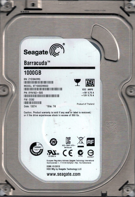 Seagate ST1000DM003 P/N: 9YN162-505 F/W: CC82 TK Z1D 1TB Desktop Hard Drive