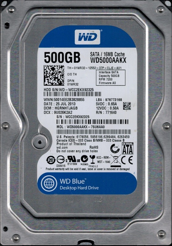 Western Digital WD5000AAKX-75U6AA0 DCM: HGRNHTJAGB 500GB