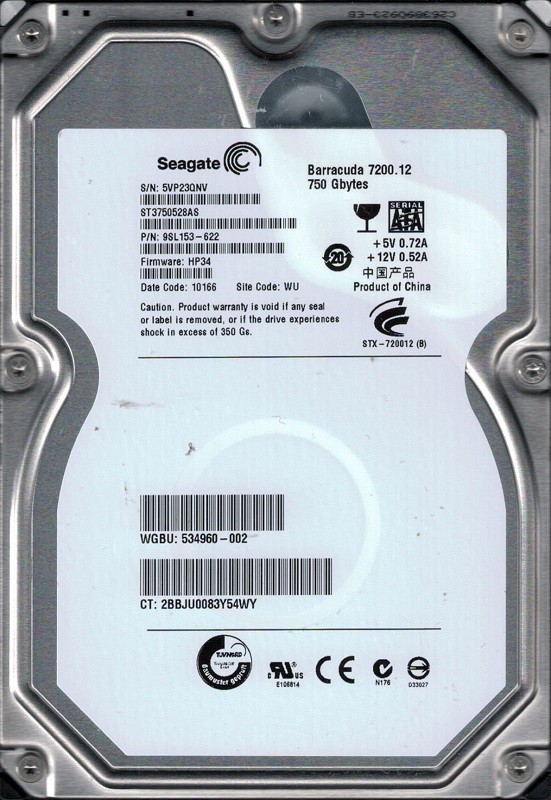 Seagate ST3750528AS P/N: 9SL153-622 F/W: HP34 750GB WU 5VP
