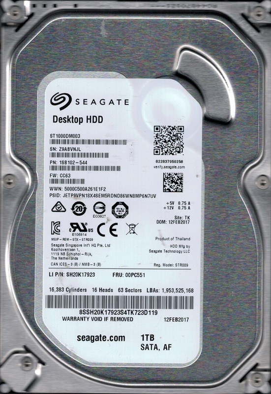 ST1000DM003 P/N: 1SB102-544 F/W: CC63 TK Z9A Seagate 1TB