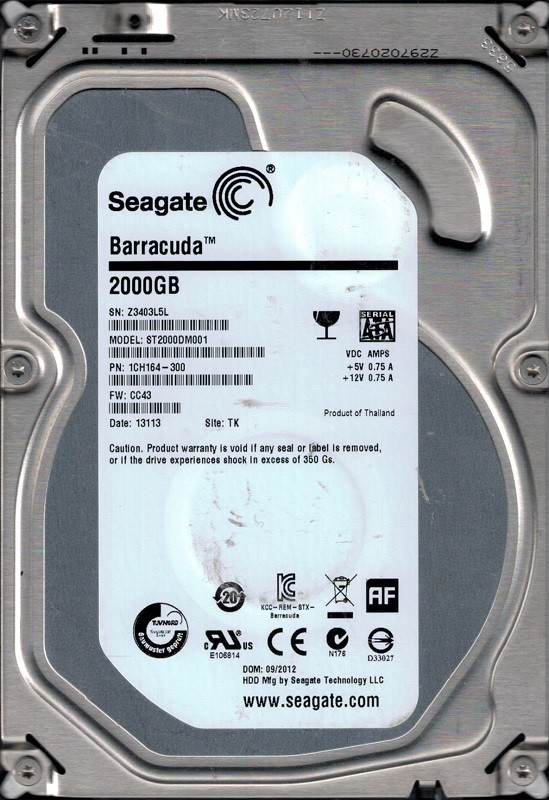 ST2000DM001 P/N: 1CH164-300 F/W: CC43 TK Z34 Seagate 2TB