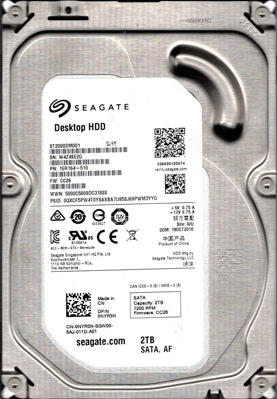 ST2000DM001 P/N: 1ER164-510 F/W: CC26 WU W4Z Seagate 2TB Desktop HDD