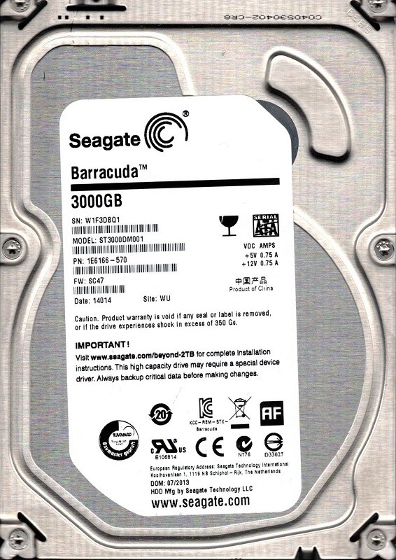 Seagate ST3000DM001 P/N: 1E6166-570 F/W: SC47 3TB WU W1F