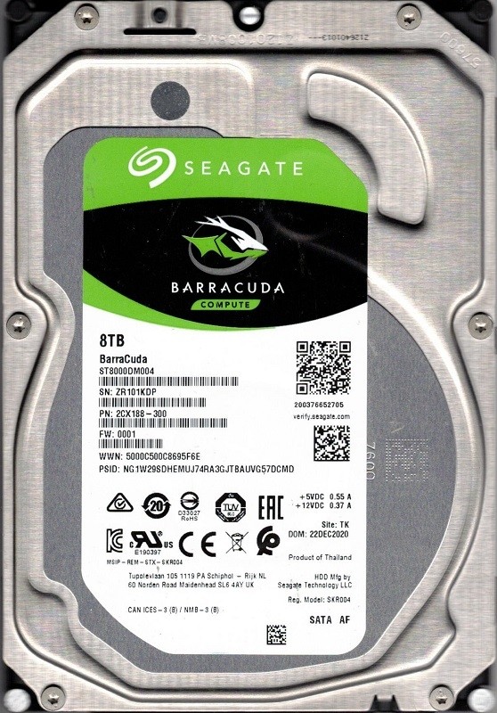ST8000DM004 P/N: 2CX188-300 F/W: 0001 TK ZR1 Seagate 8TB