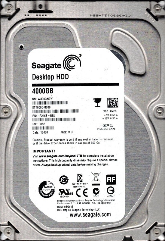 ST4000DM000 P/N: 1F2168-568 F/W: CC52 WU W30 Seagate 4TB