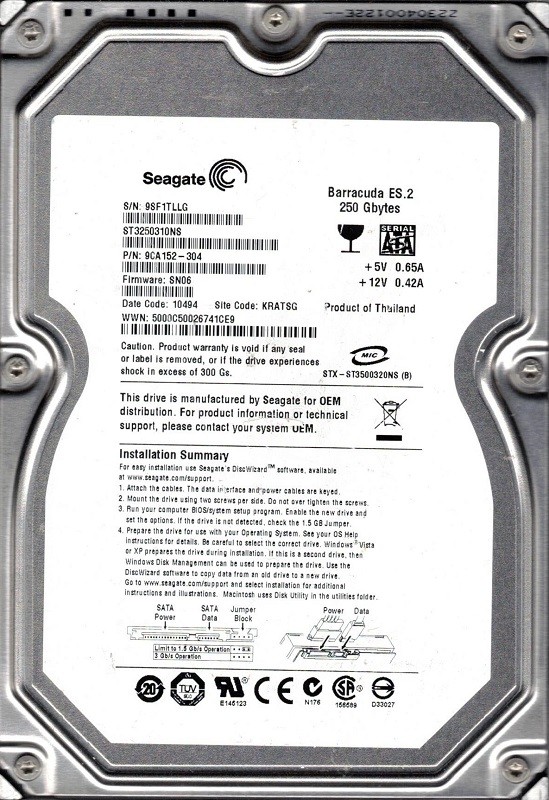 Seagate ST3250310NS P/N: 9CA152-304 F/W: SN06 250GB KRATSG