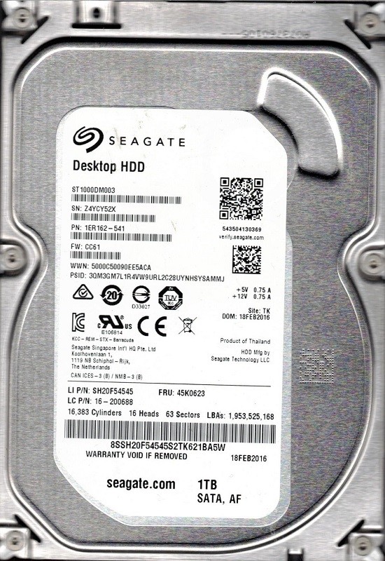 ST1000DM003 P/N: 1ER162-541 F/W: CC61 TK Seagate 1TB Z4Y