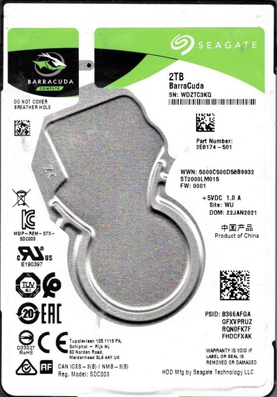 ST2000LM015 P/N: 2E8174-501 F/W: 0001 WU WDZ Seagate BarraCuda 2TB