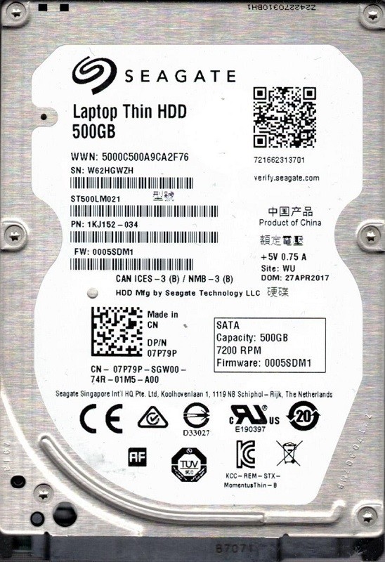 ST500LM021 P/N: 1KJ152-034 F/W: 0005SDM1 WU W62 Seagate 500GB Laptop Thin HDD