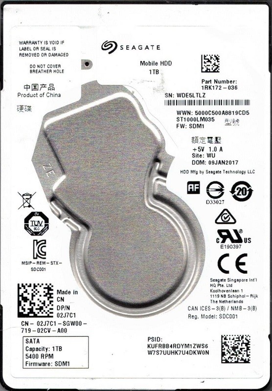 ST1000LM035 P/N: 1RK172-036 F/W: SDM1 WU WDE Seagate 1TB