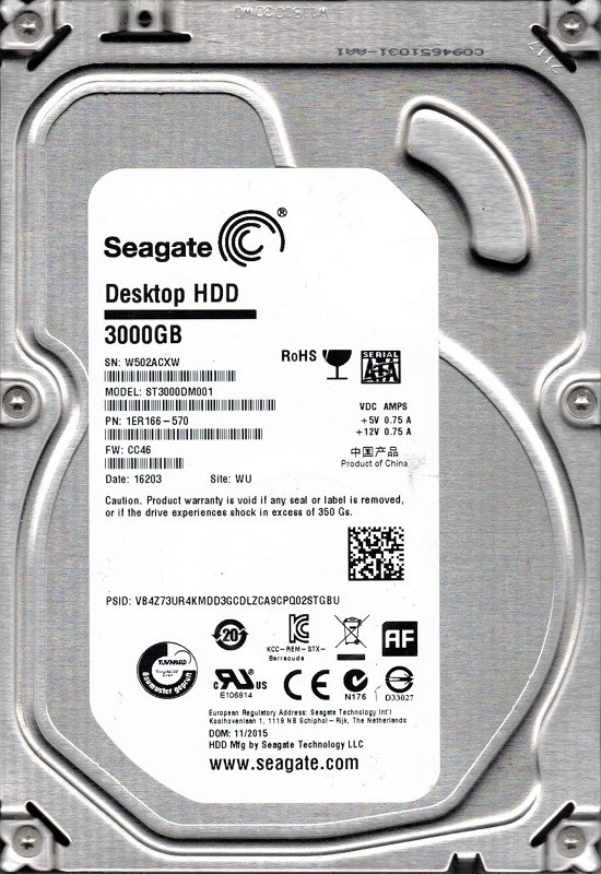 ST3000DM001 P/N: 1ER166-570 F/W: CC46 WU W50 Seagate 3TB Desktop HDD