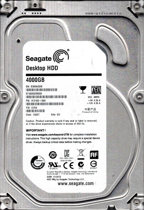Seagate ST4000DM000 F/W: CC54 P/N: 1F2168-568 SU S30 4TB Desktop Hard Drive