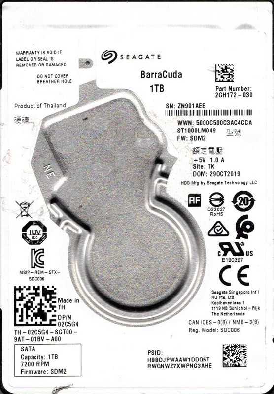 ST1000LM049 P/N: 2GH172-030 F/W: SDM2 TK ZN90 Seagate BarraCuda 1TB