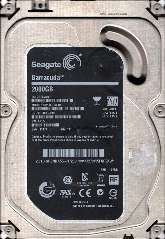 ST2000DM001 P/N: 1CH164-049 F/W: AP55 TK Z1E MAC 655-1725B Seagate 2TB