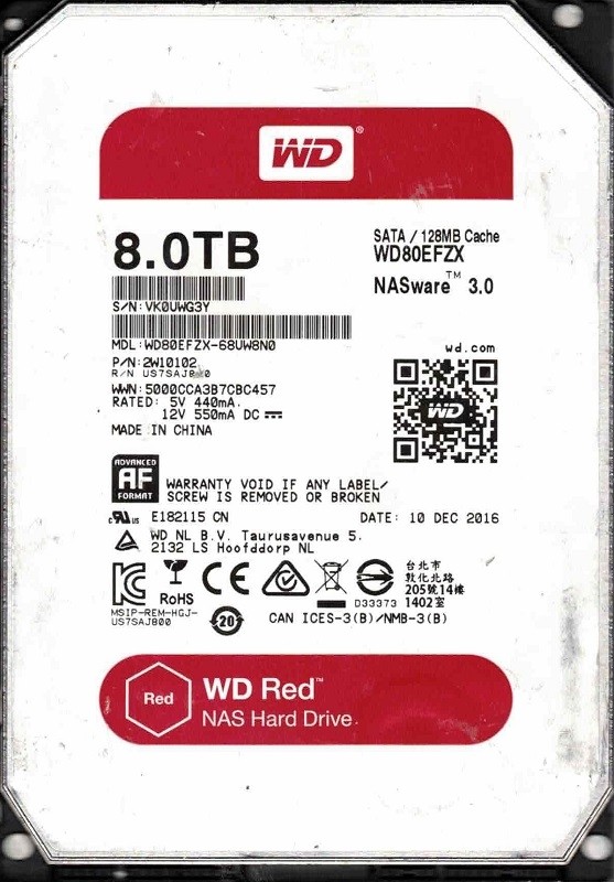 WD80EFZX-68UW8N0 P/N: 2W10102 DEC 2016 China Western Digital 8TB