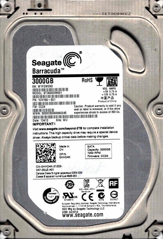 ST3000DM001 P/N: 1CH166-501 F/W: CC24 WU W1F 04/2013 Seagate 3TB