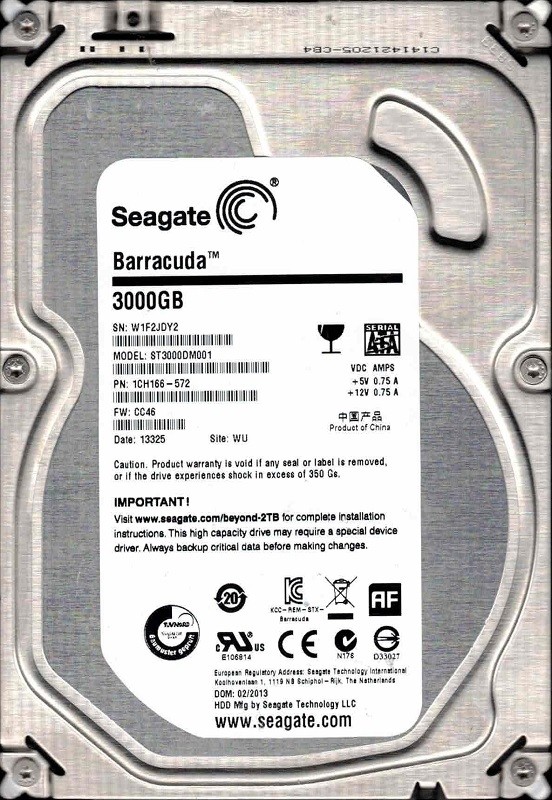 ST3000DM001 P/N: 1CH166-572 F/W: CC46 WU W1F2 02/2013 Seagate 3TB