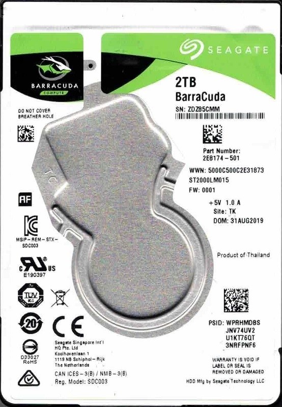 ST2000LM015 P/N: 2E8174-501 F/W: 0001 TK ZDZ AUG 2019 Seagate 2TB