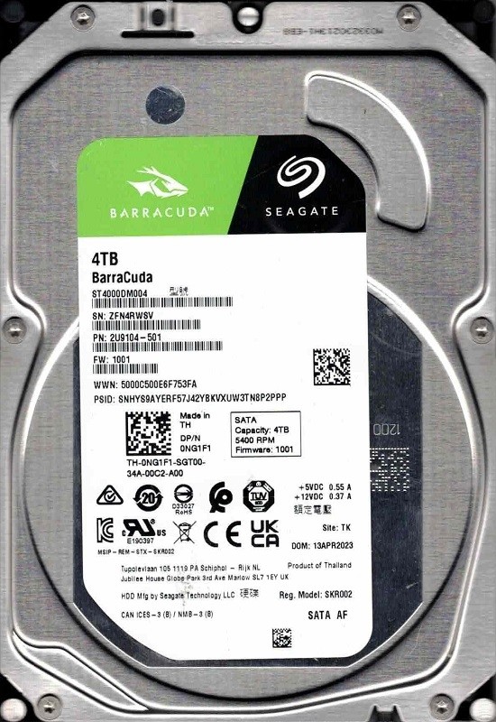 ST4000DM004 P/N: 2U9104-501 F/W: 0001 TK ZFN4 APR 2023 Seagate 4TB