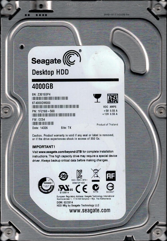 Seagate ST4000DM000 P/N: 1F2168-568 F/W: CC54 TK Z30 4TB Desktop 3.5" HDD