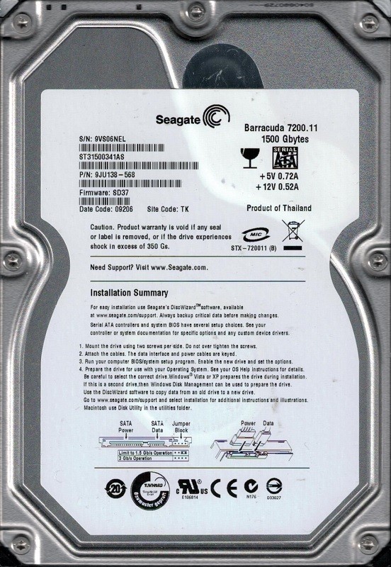 Seagate ST31500341AS P/N: 9JU138-568 F/W: SD37 1.5TB TK 9VS