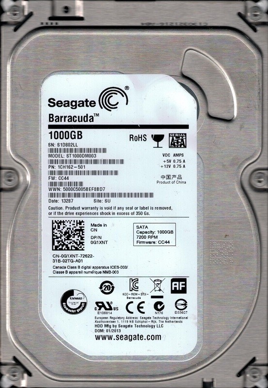 ST1000DM003 P/N: 1CH162-501 F/W: CC44 SU S1D Seagate 1TB