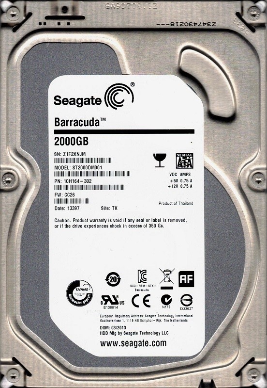 ST2000DM001 P/N: 1CH164-302 F/W: CC26 TK Z1F Seagate Barracuda 2TB