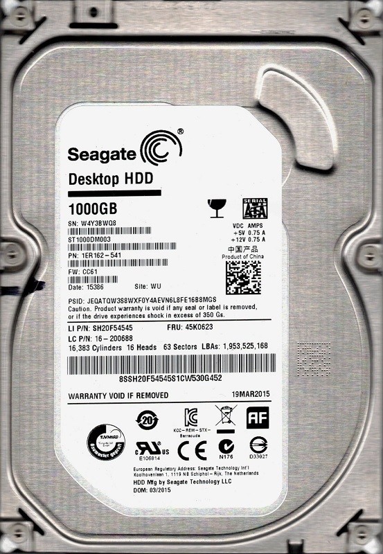 ST1000DM003 P/N: 1ER162-541 F/W: CC61 WU W4Y Seagate 1TB
