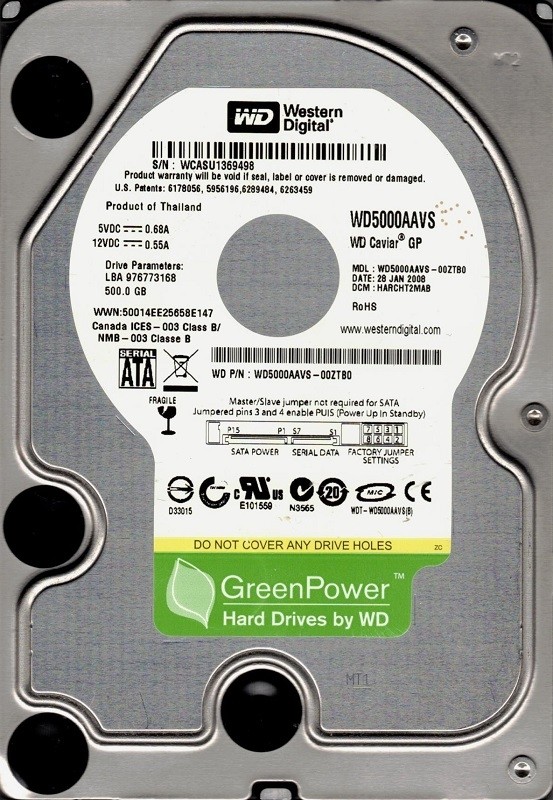 WD5000AAVS-00ZTB0 Western Digital 500GB DCM: HARCHT2MAB WCASU