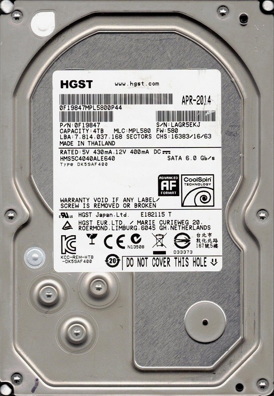 HGST HMS5C4040ALE640 P/N: 0F19847 MLC: MPL580 4TB