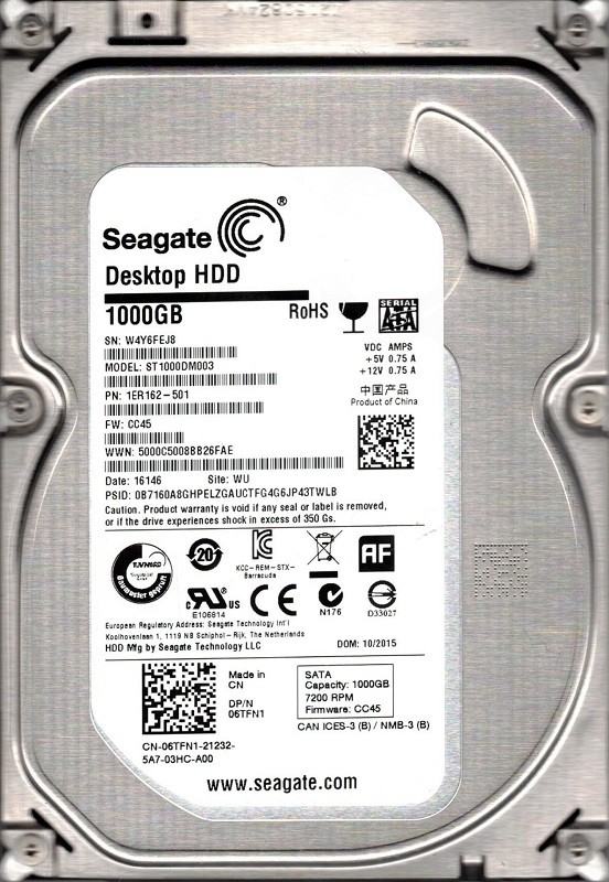 ST1000DM003 P/N: 1ER162-501 F/W: CC45 WU W4Y Seagate 1TB
