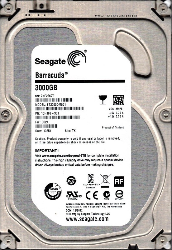 ST3000DM001 P/N: 1CH166-301 F/W: CC24 TK Z1F 3TB Seagate Desktop HDD