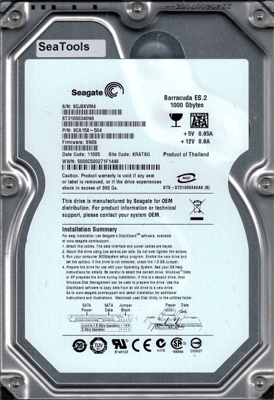 ST31000340NS P/N: 9CA158-504 F/W: SN06 KRATSG 9QJ Seagate 1TB