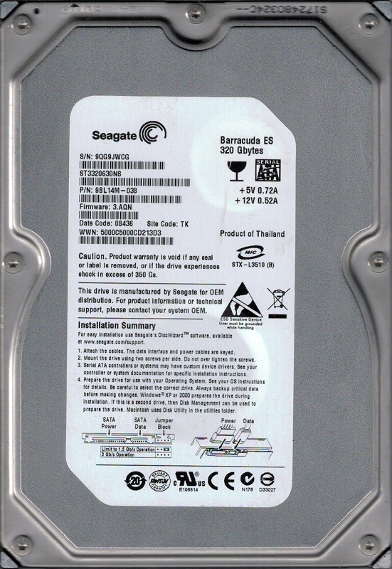 ST3320630NS P/N: 9BL14M-038 F/W: 3.AQN TK 9QG Seagate 320GB