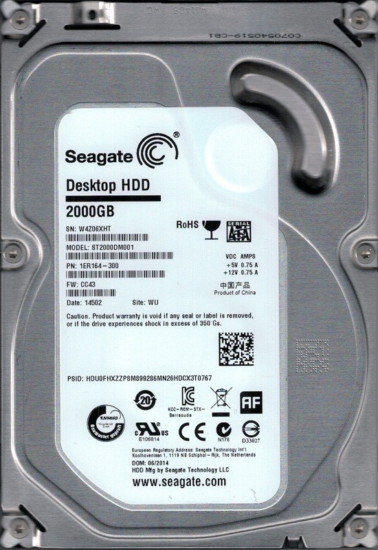 ST2000DM001 P/N: 1ER164-300 F/W: CC43 WU W4Z Seagate 2TB