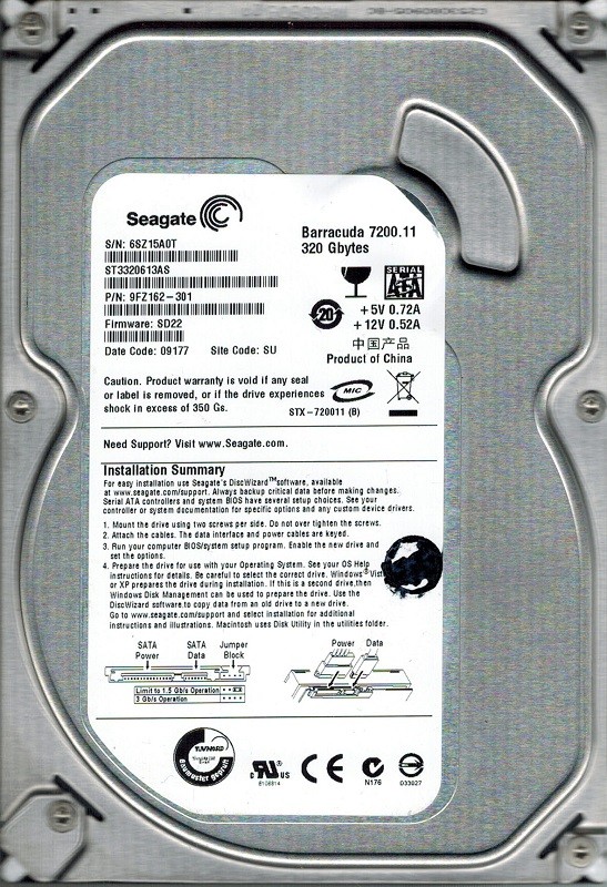 Seagate ST3320613AS P/N: 9FZ162-301 F/W: SD22 320GB SU