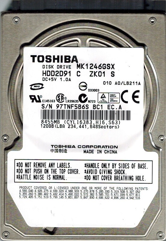 Toshiba MK1246GSX 120GB HDD2D91 C ZK01 S F/W: A0/LB211A CHINA
