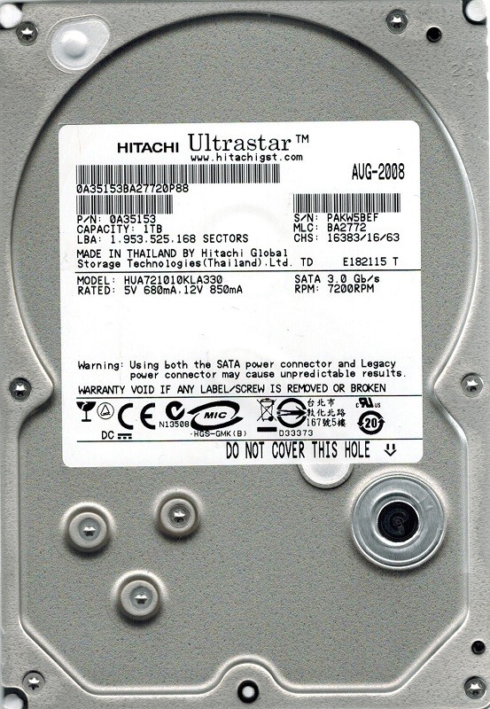 Hitachi HUA721010KLA330 P/N: 0A35153 MLC: BA2772 1TB