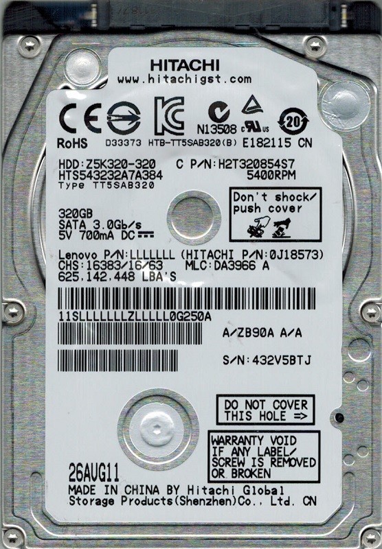 Hitachi HTS543232A7A384 MLC: DA3966 P/N: 0J18573 320GB CHINA