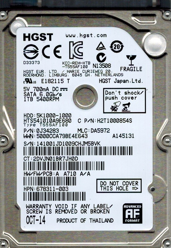 HTS541010A9E680 P/N: 0J34283 MLC: DA5972 1TB HGST