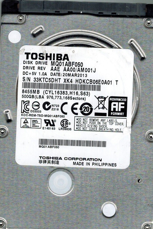 Toshiba MQ01ABF050 500GB AAE AA00/AM001J PHILIPPINES 2013