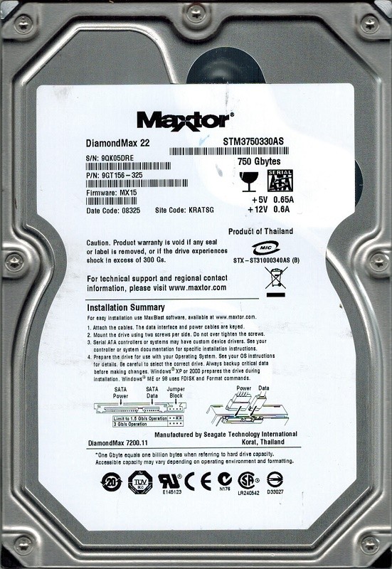 Maxtor STM3750330AS 750GB P/N: 9GT156-325 F/W: MX15 KRATSG Seagate