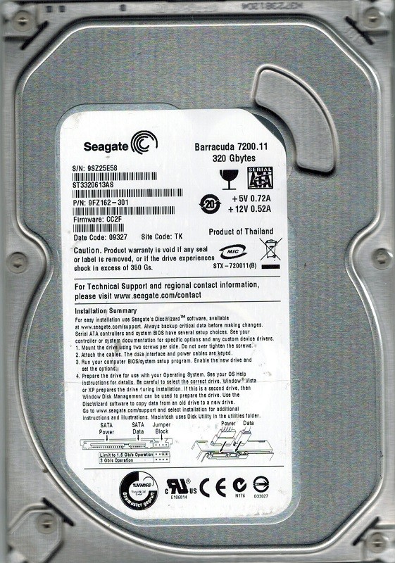 Seagate ST3320613AS P/N: 9FZ162-301 F/W: CC2F 320GB TK