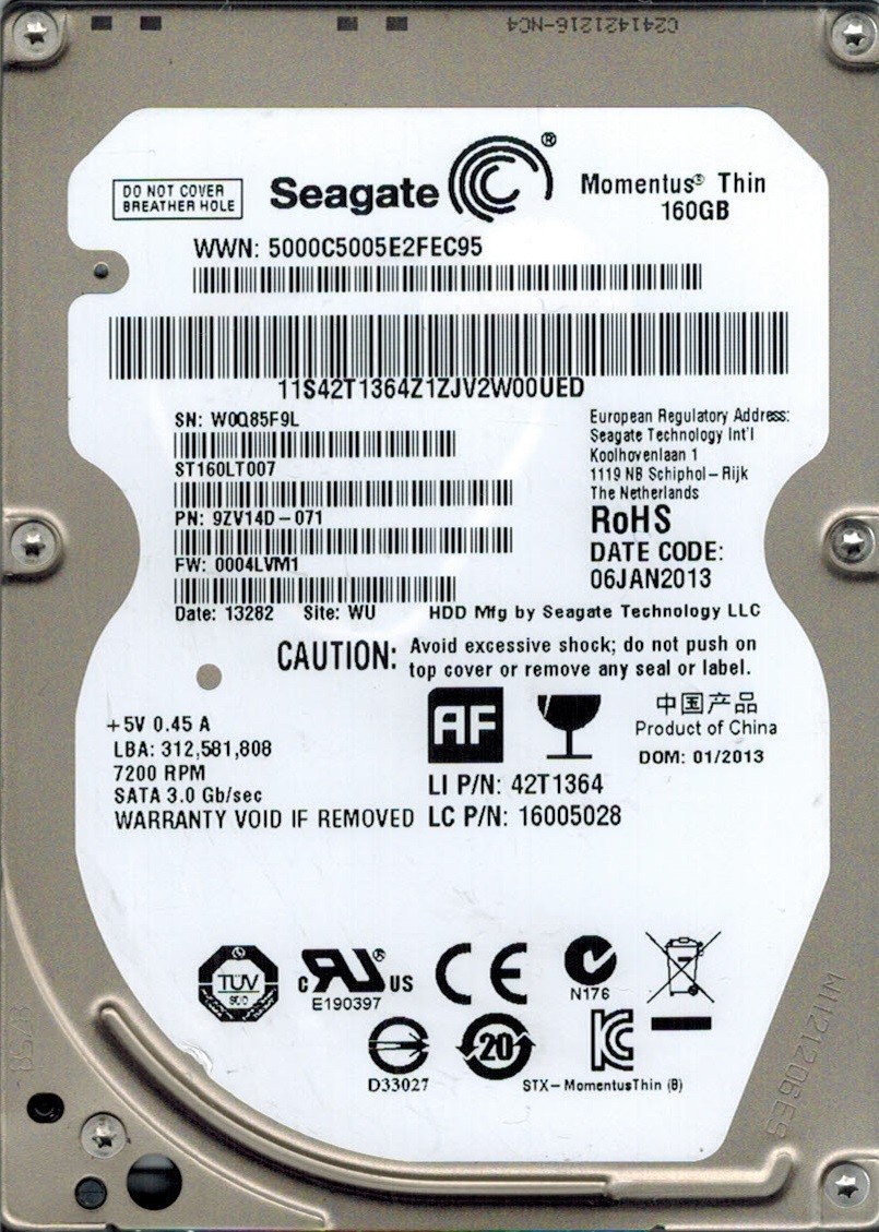Seagate ST160LT007 P/N: 9ZV140-071 F/W: 0004LVM1 WU 160GB