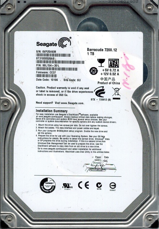 Seagate ST31000528AS F/W: CC37 P/N: 9SL154-301 SU 1TB