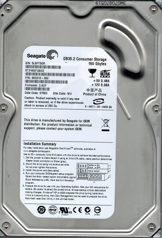Seagate ST3160212ACE P/N: 9BE012-262 160GB F/W: 3.ACF WU