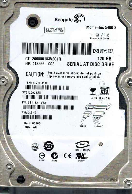 Seagate ST9120822AS P/N: 9S1133-022 F/W: 3.BHE 120GB WU